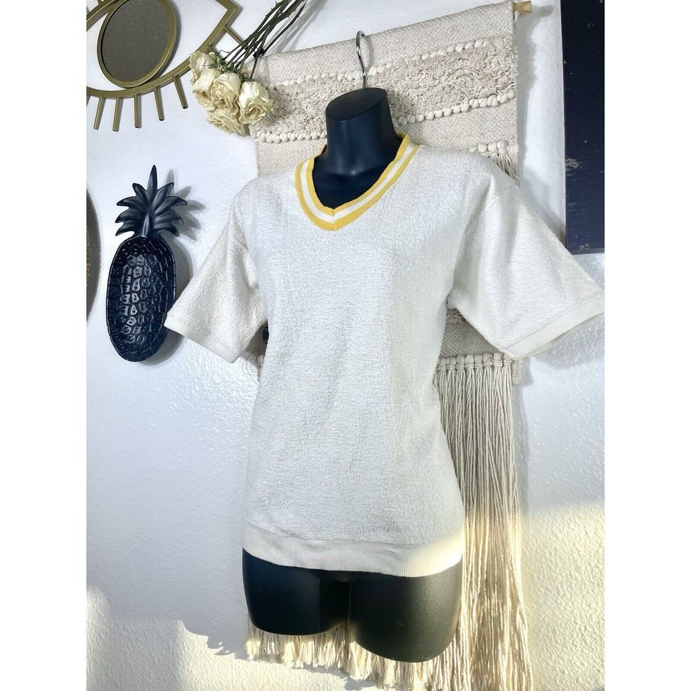 Vintage 50s 60s JCPENNEY White Terrycloth Sweatshirt Short Sleeve Yellow Collar